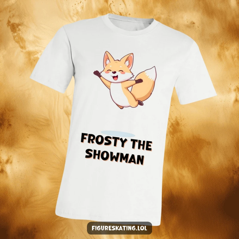 Funny Arctic Fox T-Shirt: Giggling arctic fox in mid-air, performing an enthusiastic figure skating jump with a big smile.