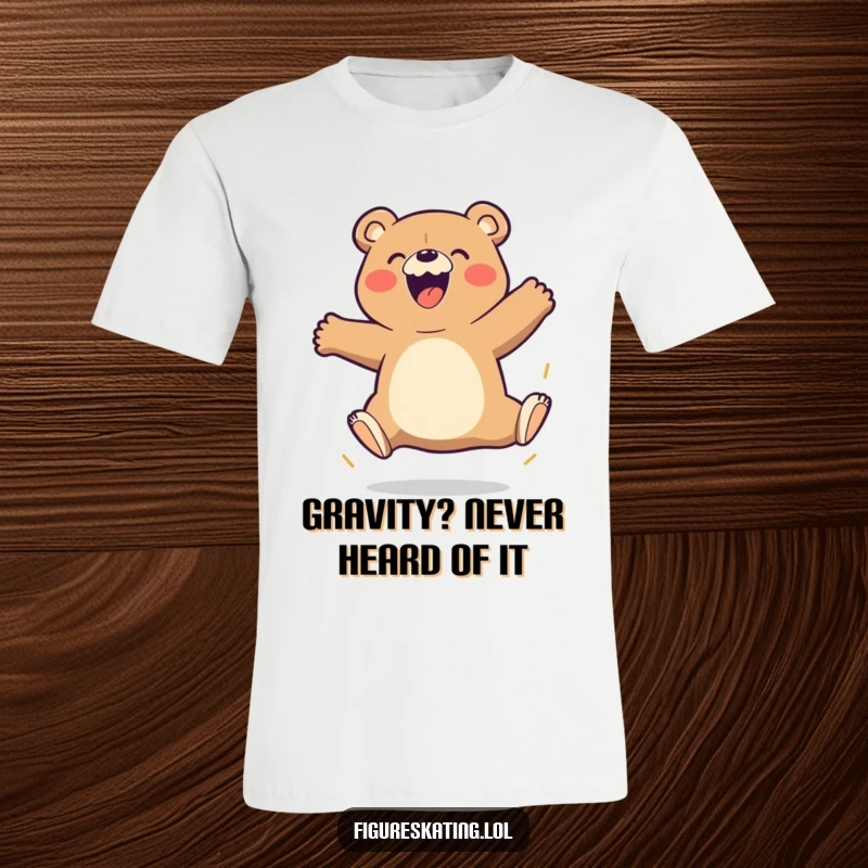 Funny Bear T-Shirt depicting a joyous cartoon bear mid-triple jump with gusto, ideal for casual wear and athletic humor.