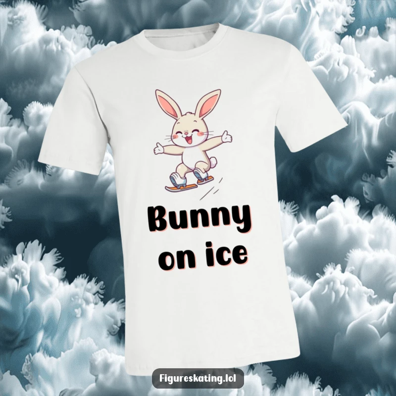 Funny t-shirt depicting a determined, smiling bunny gracefully jumping while wearing ice skates, full of athletic charm.
