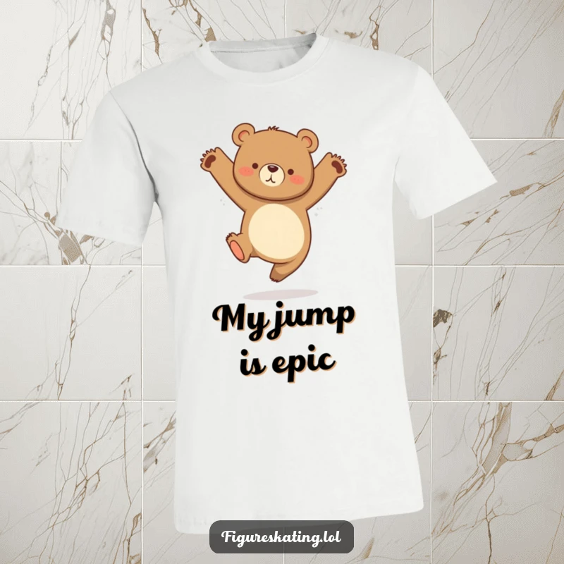 Funny t-shirt depicting a curious bear performing a graceful jump with tucked legs, embodying playful energy.