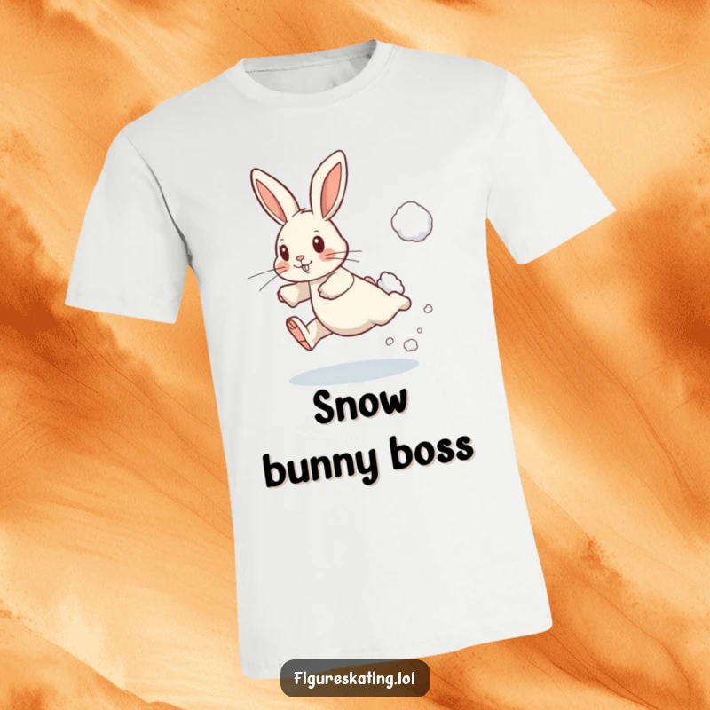 Funny t-shirt featuring a determined rabbit leaping with a puff of snow, showcasing winter action and playful energy.