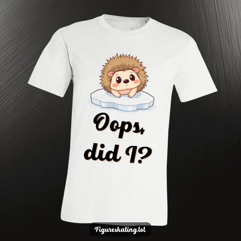 Funny Hedgehog Ice Slip T-Shirt: A tiny hedgehog comically slipping on ice, eyes wide with surprise, a relatable cartoon.