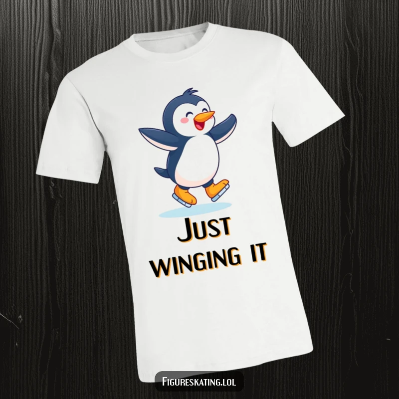 Funny t-shirt, joyful penguin gracefully twirling with arms outstretched on ice skates, embodying winter joy and humor.