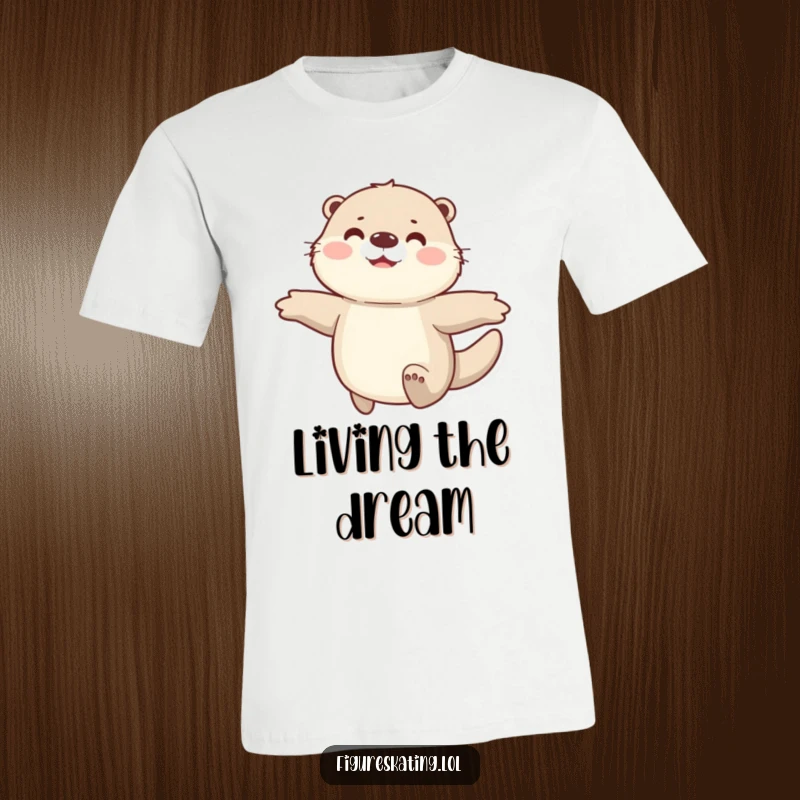 Funny t-shirt showcasing a happy, fluffy otter gliding smoothly with arms spread wide, radiating carefree fun and playful energy.