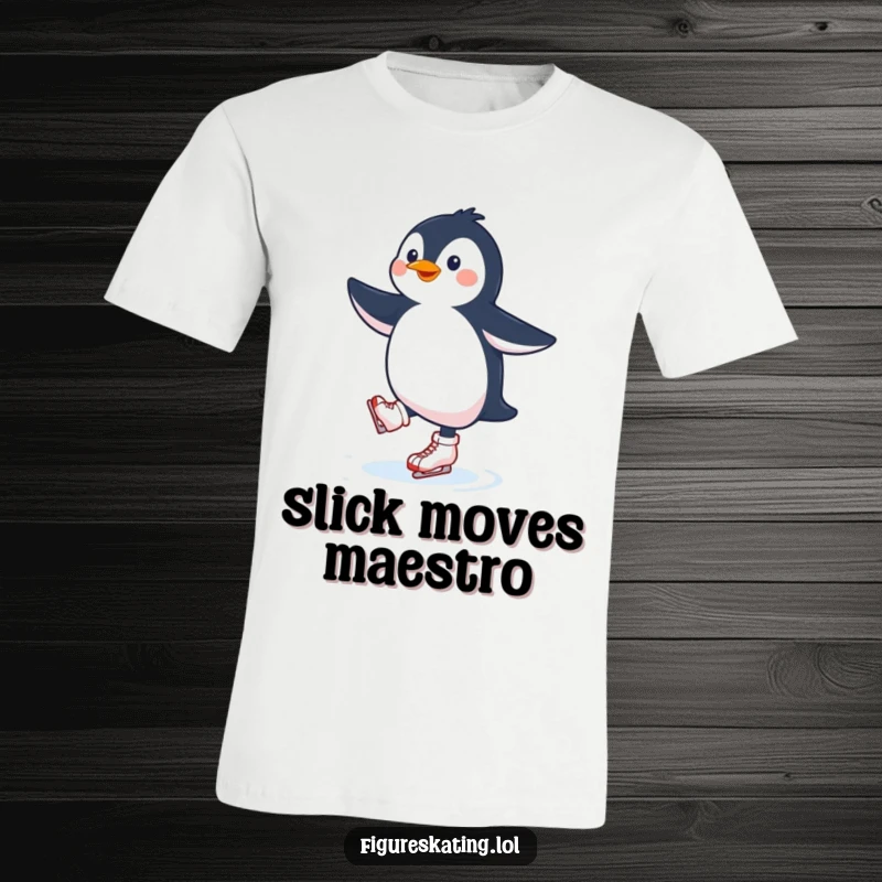 Funny penguin ice skating t-shirt, showcasing a gleeful penguin mastering its moves on the ice with spectacular grace.