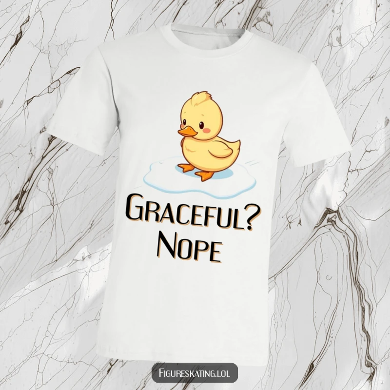Funny wobbly duckling clumsily gliding on ice, captured on a t-shirt, embodying delightful awkwardness and winter fun.