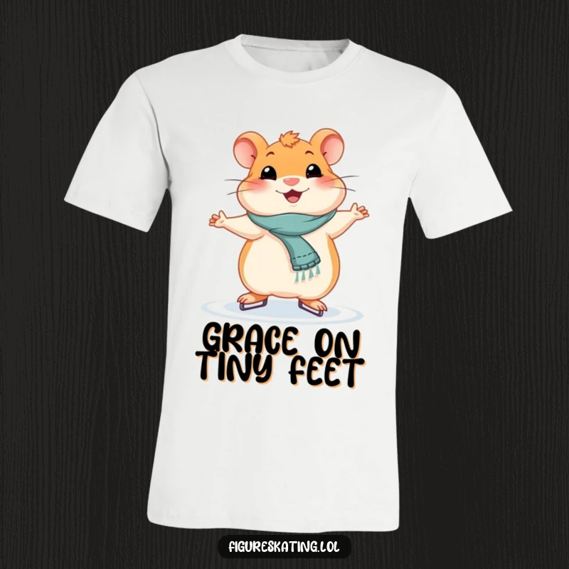 Funny smiling hamster in a graceful ice skating pose, printed on a t-shirt, showcasing athletic charm.