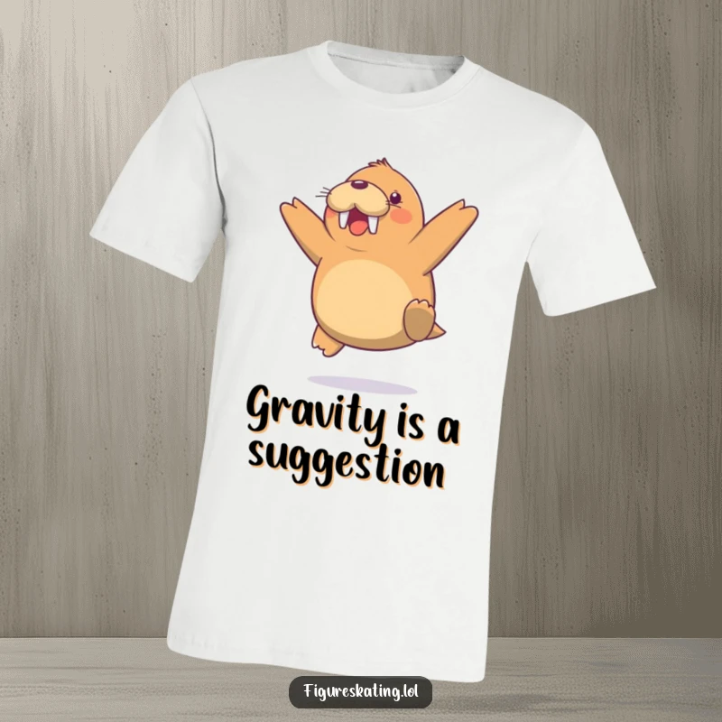 Funny Walrus Jump T-Shirt, a cheerful walrus joyfully executing a light mid-air jump, capturing the fun of arctic wildlife.