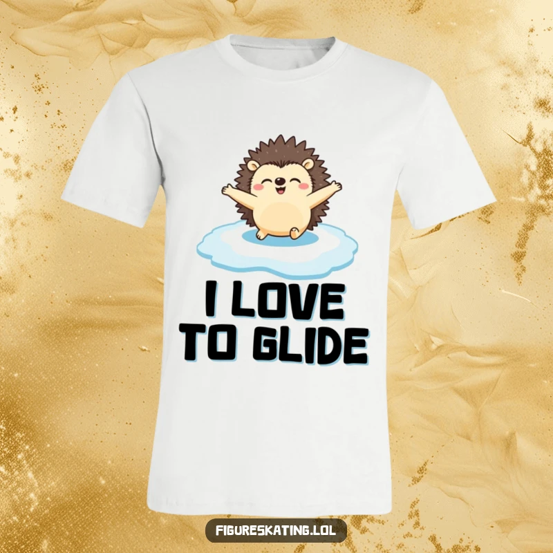 Funny T-Shirt: A happy hedgehog gliding across the ice with arms spread wide, embodying winter fun and carefree spirit.