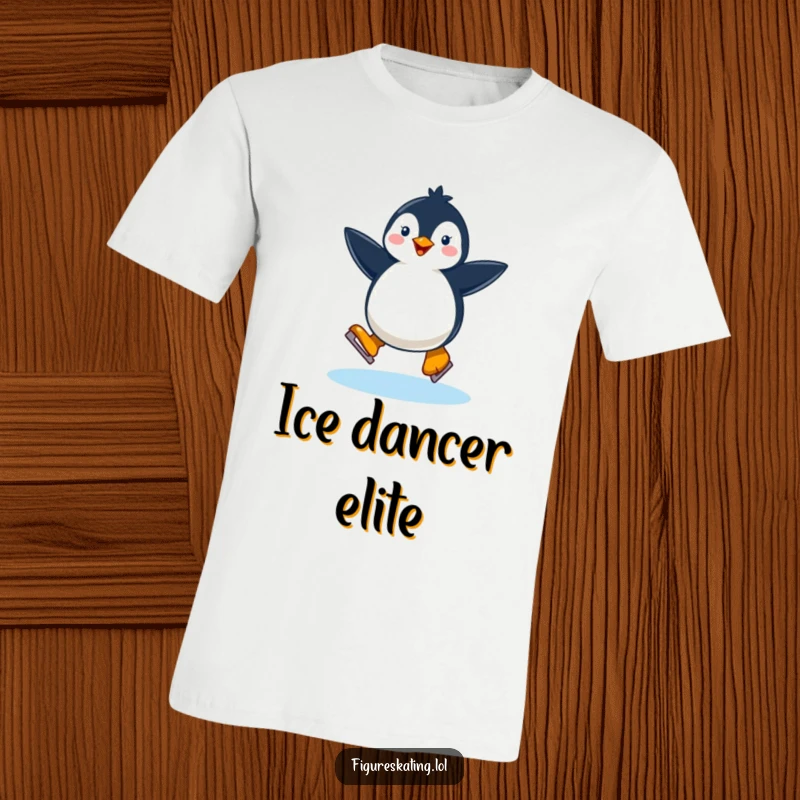 Funny happy penguin twirling on a single ice skate on a t-shirt, showcasing winter joy and skill.