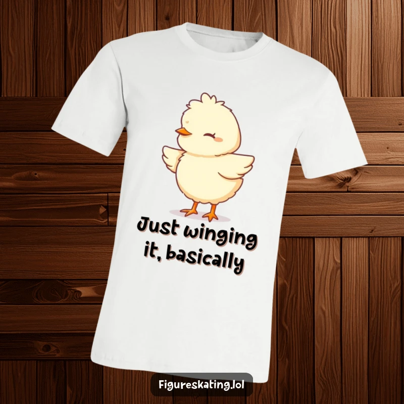 Funny Chick T-Shirt depicting a fluffy cartoon chick gracefully pirouetting with eyes closed in concentration, ideal for active wear.