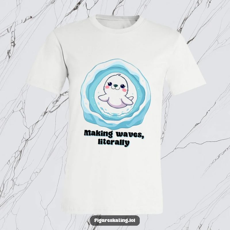 Funny seal ice ring t-shirt depicting a happy seal mid-air, gracefully jumping through a shimmering ice circle with sheer delight.