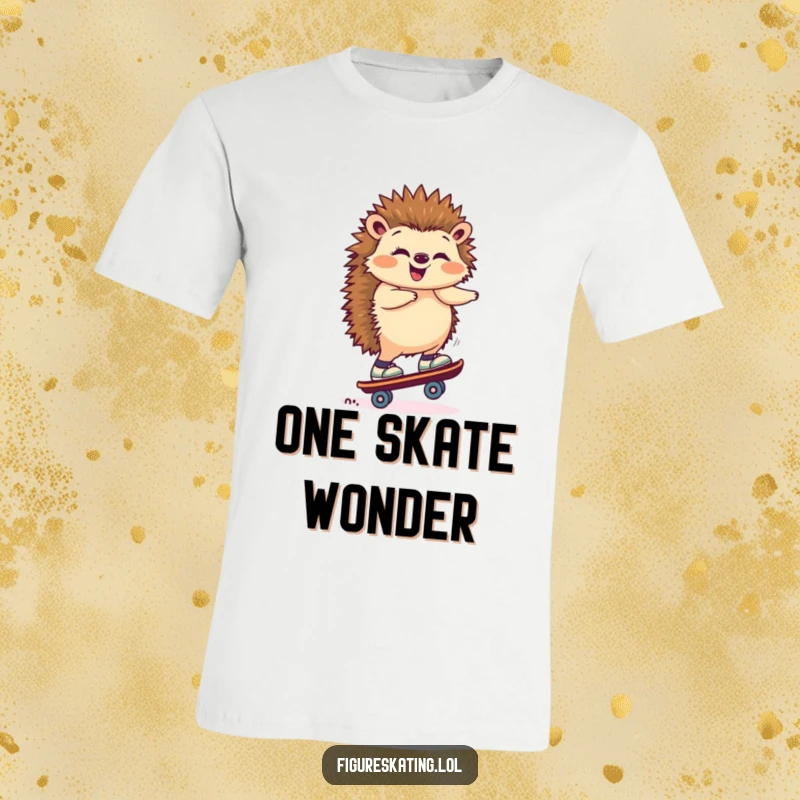 Funny t-shirt with a giggling hedgehog perfectly balanced on one skate, showcasing impressive skill and playful mischief.