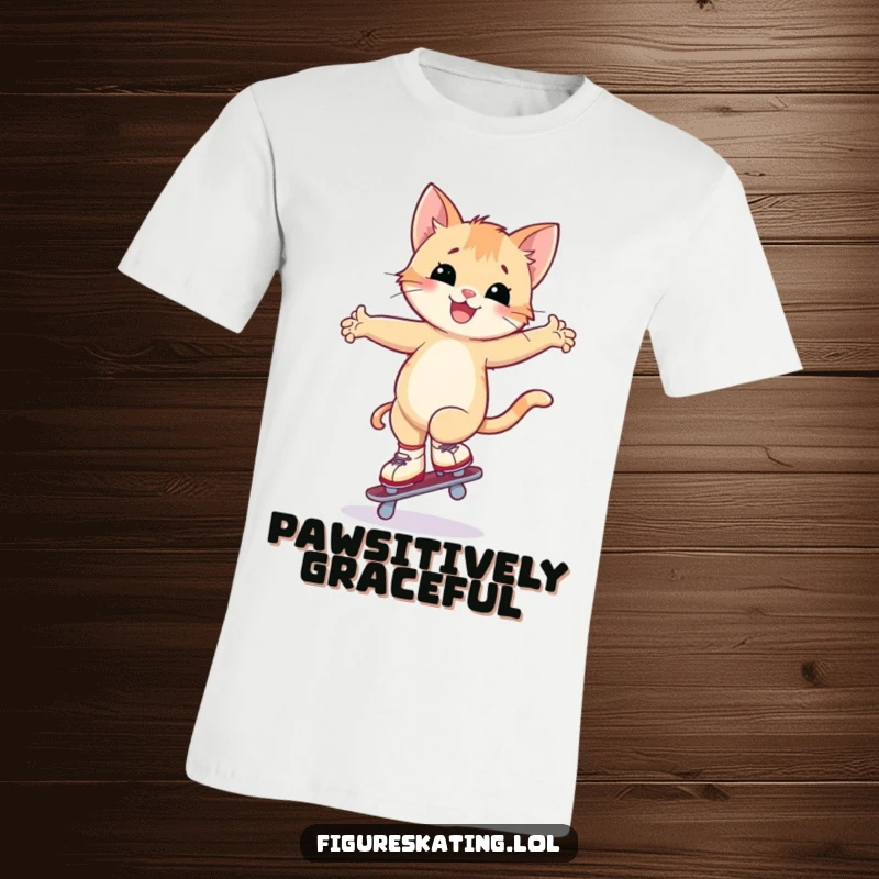 Funny kitten ice skating t-shirt showing a happy kitten trying a wobbly arabesque on one skate, capturing adorable clumsiness.