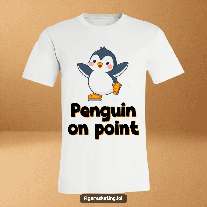 Funny Penguin T-Shirt: Adorable happy penguin spinning gracefully on ice skates, full of athletic charm.