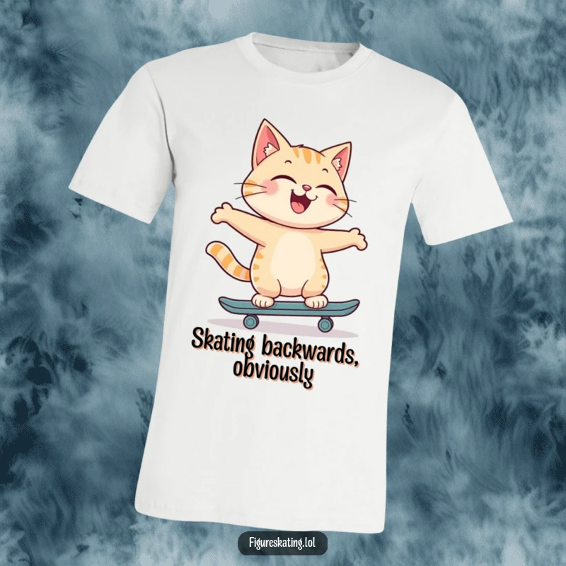 Funny t-shirt depicting a joyful cat skating backwards with a confident, proud smile, showcasing exceptional feline grace and style.