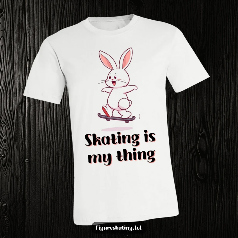 Funny t-shirt depicting a playful rabbit with a joyful leap, skating backward with style and enthusiasm.