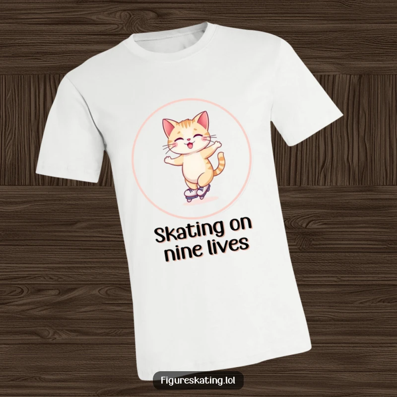 Funny t-shirt graphic of a giggling cat skating smoothly in a wide circle, exuding feline grace and joy.