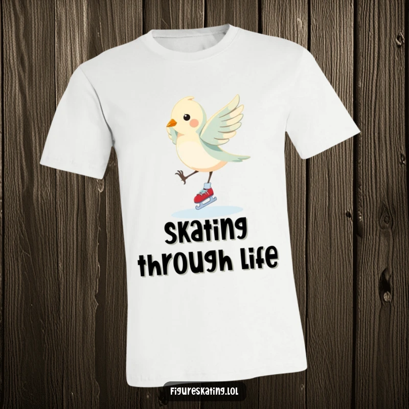Funny Bird T-Shirt: A fluttering bird performs an elegant pirouette on ice skates, capturing graceful humor and perfect for a unique funny gift.