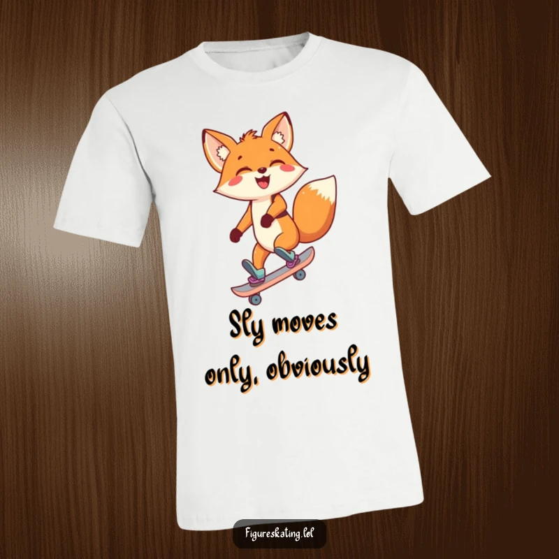 Funny Fox T-Shirt depicting a delighted cartoon fox expertly skating backward with a big, happy smile, great for casual wear.