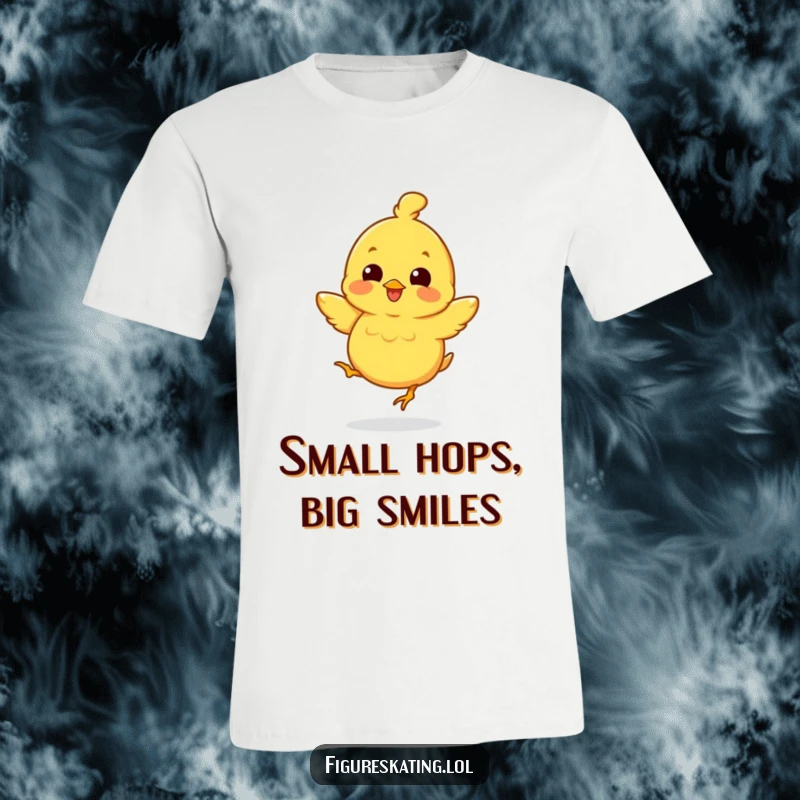 Funny t-shirt with a smiling chick in mid-air, performing a cute mini-jump, full of youthful energy and joy.