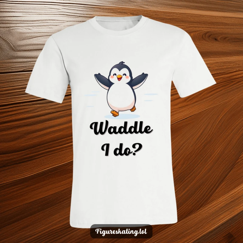 Funny t-shirt depicting a delighted penguin gliding effortlessly across an ice rink with arms outstretched in a pose of pure bliss.