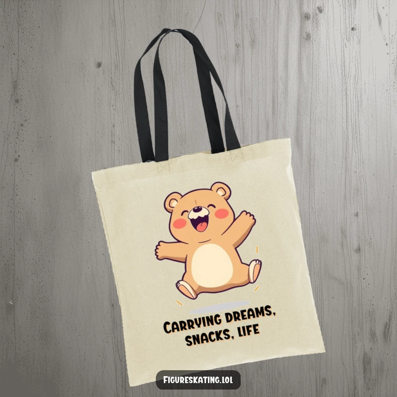 Funny Bear Tote Bag featuring a cheerful cartoon bear attempting a triple jump with gusto, perfect for shopping and daily errands.