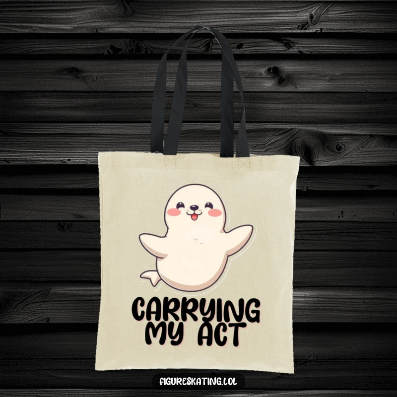 Funny tote bag featuring a happy seal spinning gracefully on one flipper, ideal for carrying daily items with aquatic charm.