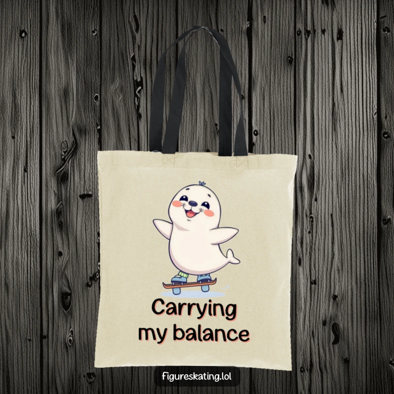 Funny Seal Skate Tote Bag, featuring a curious seal balancing on one skate with a wide grin, ideal for carrying items with humor.