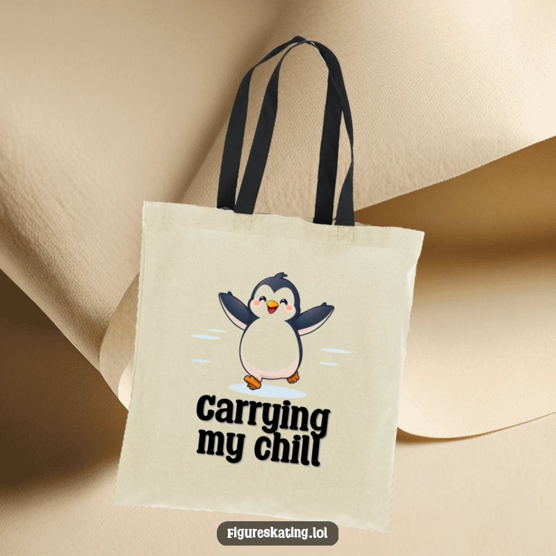 Funny tote bag featuring a delighted penguin gliding across an ice rink with arms outstretched, perfect for carrying essentials with flair.