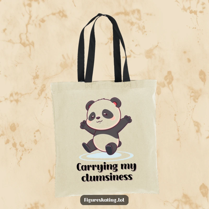 Funny Panda Pirouette Tote Bag: A contented panda cub stumbling slightly during a pirouette on ice, a charming tote.