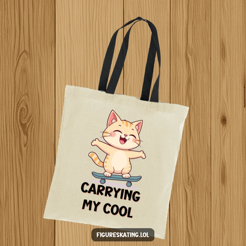 Funny tote bag featuring a joyful cat skating backwards with a proud smile, perfect for carrying essentials with feline flair.