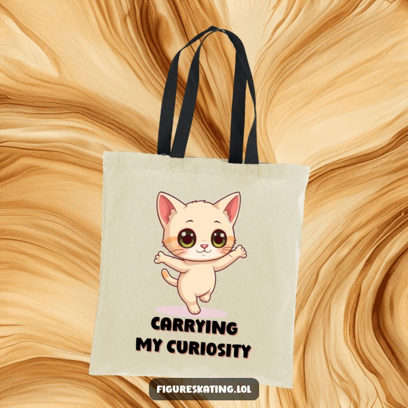Funny tote bag with a curious cat with wide eyes attempting a delicate pirouette, perfect for carrying items with feline flair.