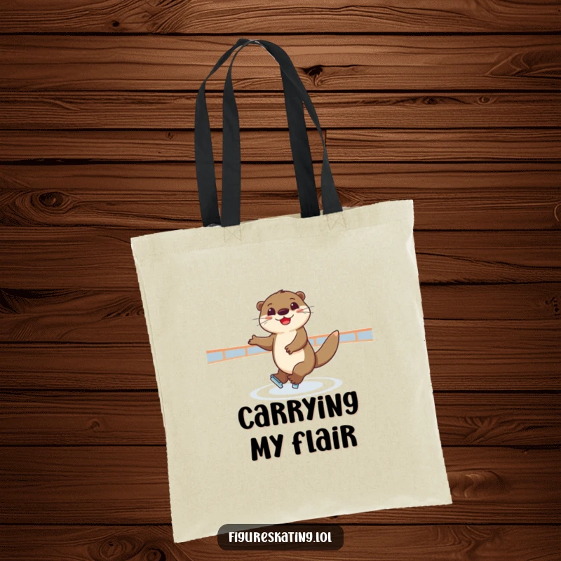 Funny tote bag showing a joyful otter spinning elegantly on ice, ready for stylish errands.