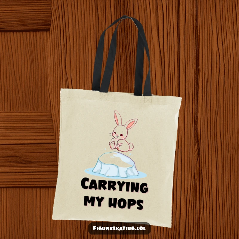 Funny bunny gracefully leaping from an ice patch on a tote bag, a charming accessory for active days.