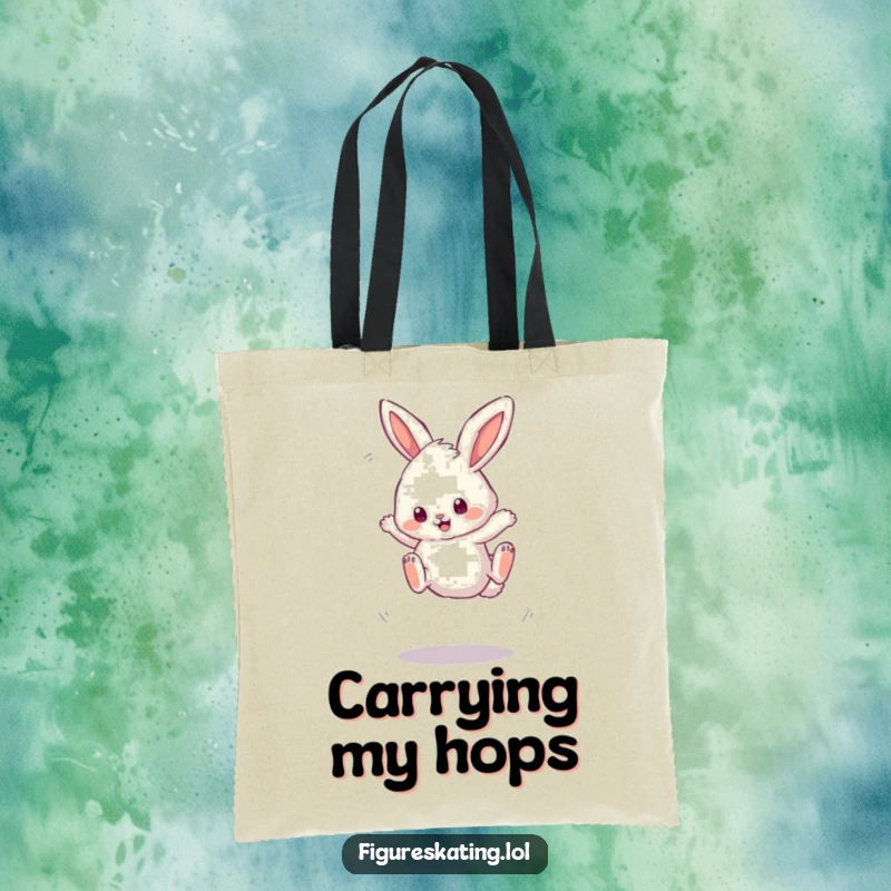 Funny tote bag with a fluffy bunny attempting a comical wobbly triple jump, embodying playful effort and adorable charm.