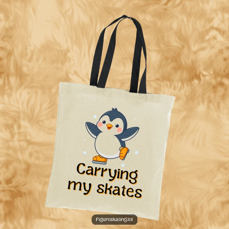 Funny Penguin Tote Bag: Durable bag featuring a happy penguin spinning gracefully on ice skates, practical and full of personality.