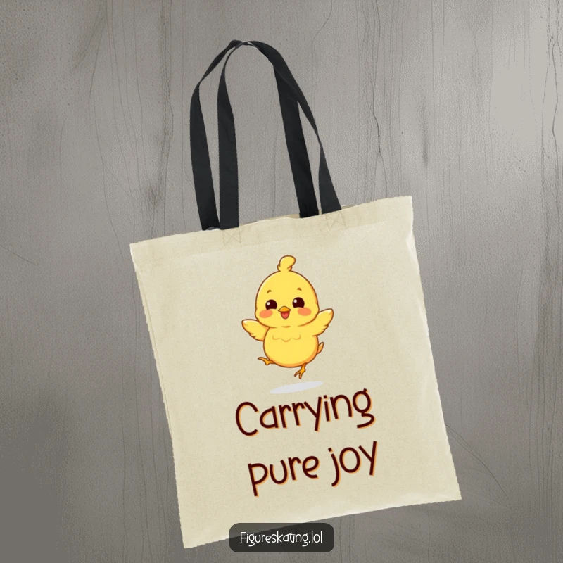 Funny tote bag with a happy chick executing a delightful mini-jump, radiating infectious cheer and a bright smile.