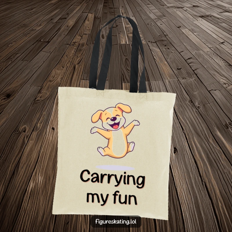 Funny dog ice skating tote bag featuring a playful dog performing a perfect triple axel with sheer happiness and skill.
