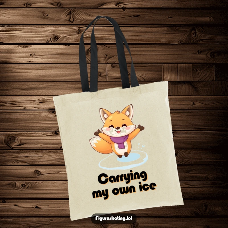 Funny fox ice skating tote bag, depicting a foxy character in a joyful, arms-outstretched glide across an icy expanse.