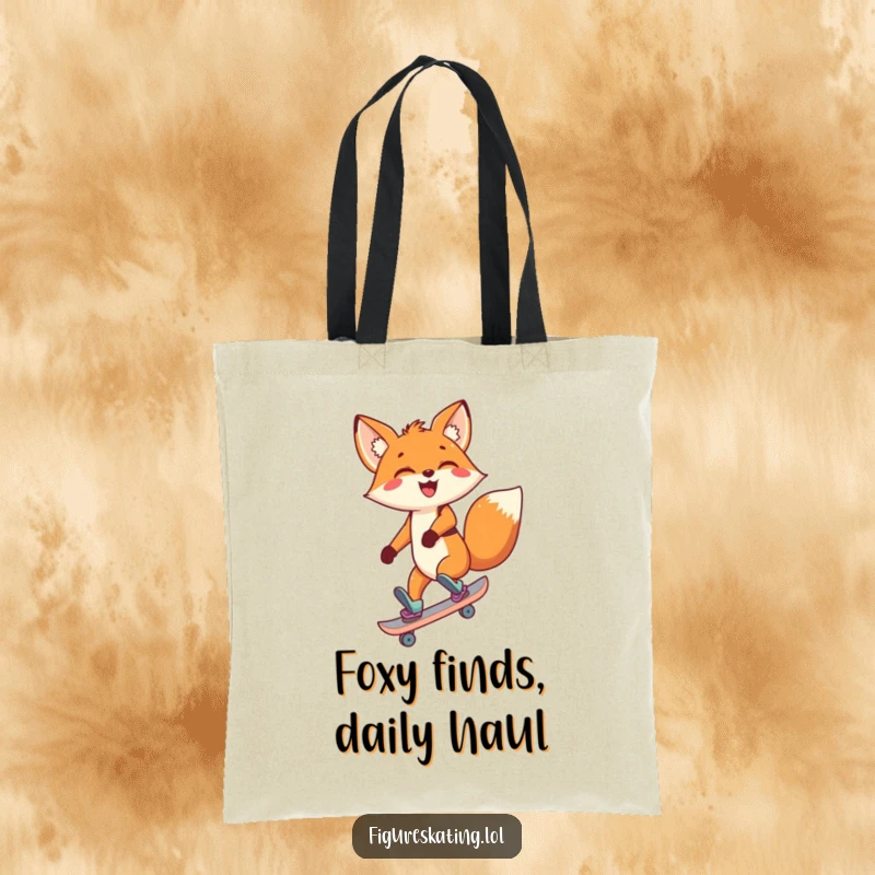 Funny Fox Tote Bag showcasing a delighted cartoon fox skating backward with a big smile, perfect for shopping and daily use.