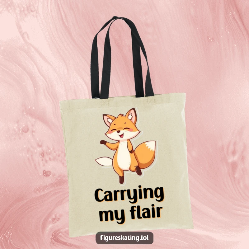 Funny tote bag featuring a delighted fox smiling while gracefully twirling, perfect for carrying groceries or good vibes.
