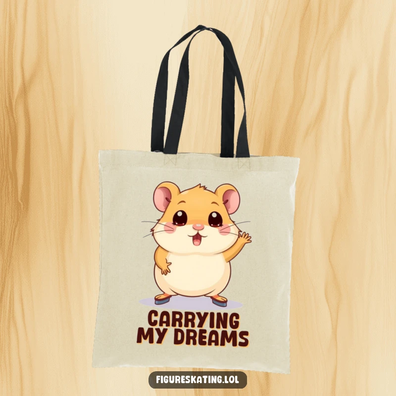 Funny hamster tote bag featuring a plump hamster with wide eyes attempting a figure skating pose, great for carrying humor.
