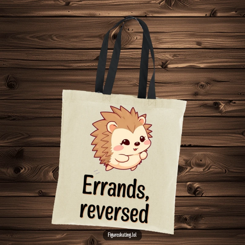 Funny happy hedgehog gliding backward with a shy smile on a reusable tote bag, a charming accessory.