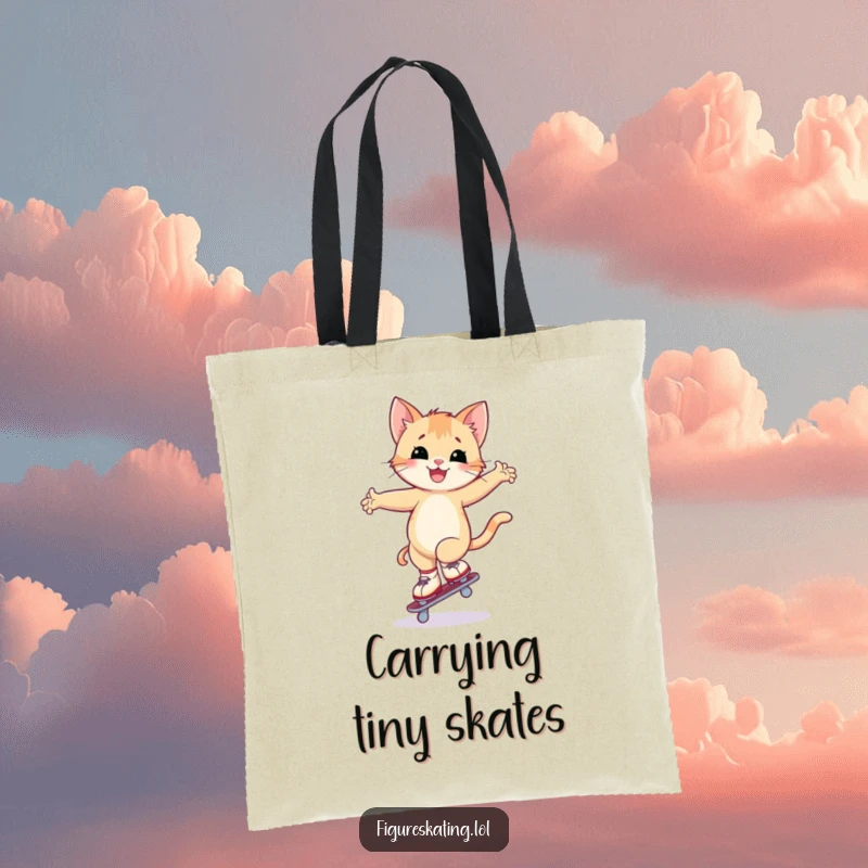 Funny kitten ice skating tote bag with a happy kitten attempting a wobbly arabesque on one skate, perfect for humorous everyday use.