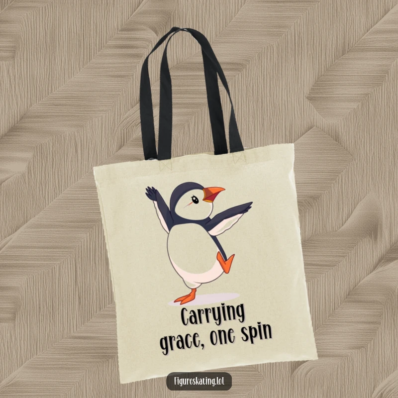 Funny Puffin Pirouette Tote Bag, a determined puffin performing an elegant pirouette, ideal for carrying essentials with a humorous, artistic touch.