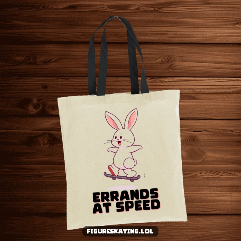 Funny tote bag featuring a playful rabbit joyfully leaping while skating backward, perfect for shopping.