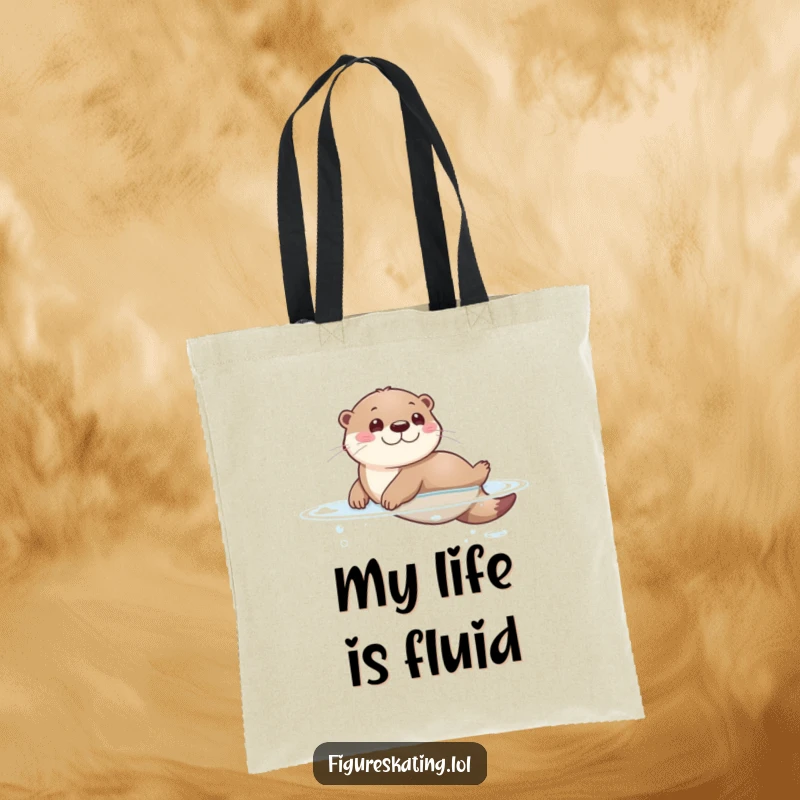Funny tote bag showcasing a delighted otter gliding smoothly across a reflective, glassy surface, embodying playful movement.