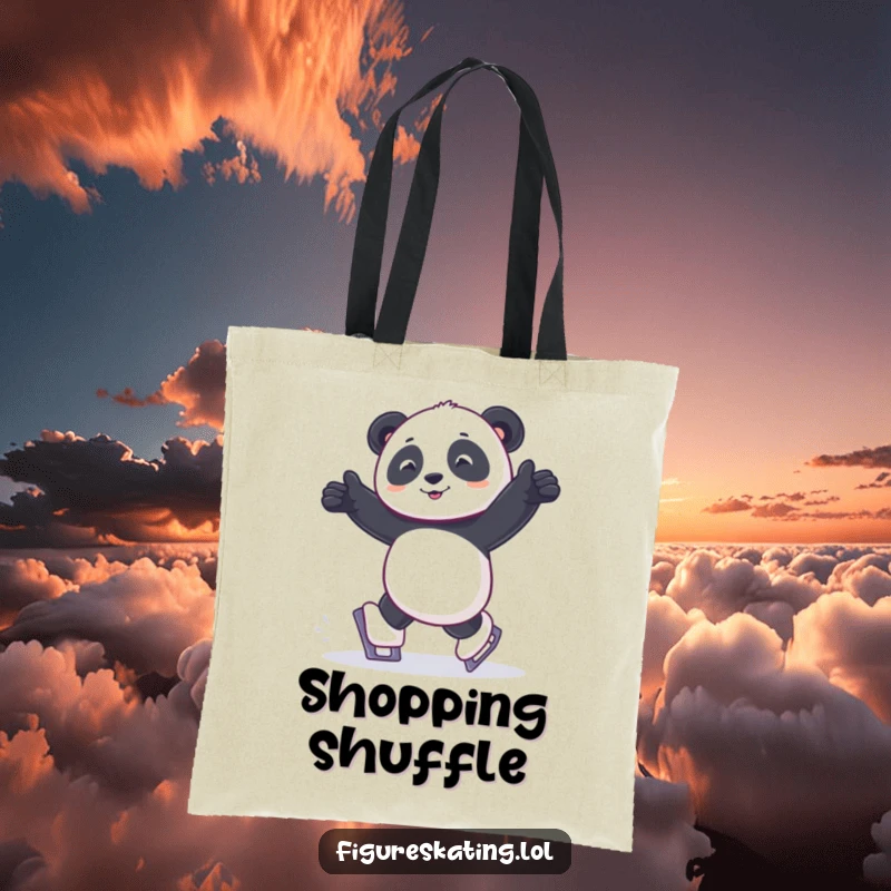 Funny tote bag illustration of a panda shuffling joyfully on tiny ice skates, perfect for everyday use.