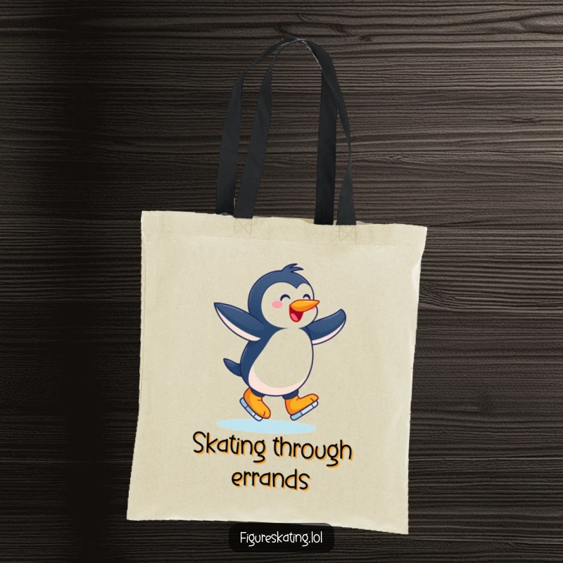 Funny tote bag, joyful penguin twirling with arms outstretched on ice skates, a cheerful accessory for winter lovers.